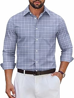 Men's Long Sleeve Plaid Button Down Cotton Wrinkle Free Dress Shirt
