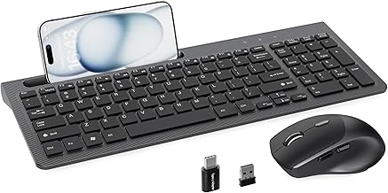 Wireless Keyboard and Mouse, Ergonomic Keyboard Mouse with Phone Holder, 2.4GHz Cordless Keyboard Mouse for Mac, Windows, PC, Laptop （Black）