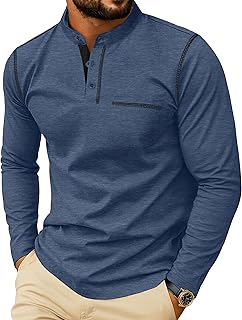 Men's Henley Shirts Long Sleeve Button T-Shirt Casual Stylish Cotton Pullover Shirt with Pocket