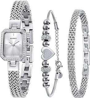 Silver Watches for Women Ladies Wrist Watch and Bracelet Set Dainty Quartz Bracelet Watch Premium Crystal Accented Fashion Luxury Birthday Present for Women