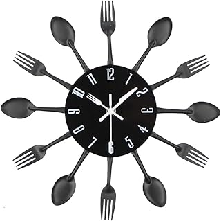 Timelike Kitchen Wall Clock, 3D Removable Modern Creative Cutlery Kitchen Spoon Fork Wall Clock Mirror Wall Decal Wall Sticker Room Home Decoration (Black)