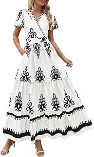 Womens 2026 Summer Casual V Neck Boho Maxi Dress Flowy Aline Bell Sleeve Tiered Floral Dresses with Pocket