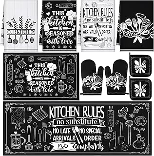 Fourluoo 10 Pcs Farmhouse Kitchen Decor and Accessories Set 4 Kitchen Towels 2 Pot Holders 2 Oven Mitts 2 Rugs for Cooking Baking Mom Housewarming Gifts (Black White,Stylish Style)