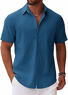Men's Button Down Short Sleeve Shirt Casual Cotton Summer Beach Linen Wedding Shirts with Pocket