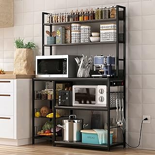 Kitchen Bakers Rack with Baskets and Power Outlet,5-Tier Kitchen Utility Storage Shelf with Hooks, Microwave Oven Stand Rack,Vintage Grey Free Standing Kitchen Shelf