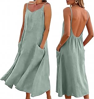 Linen Dresses for Women 2026 Backless Cami Maxi House Lounge Dress Summer Open Back Flowy Long Beach Sundresses