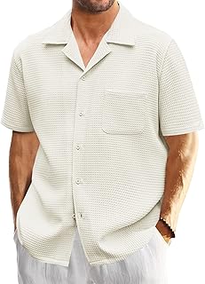 Mens Waffle Button Down Shirt Short Sleeve Loose Fit Cuban Summer Beach Plain Tops