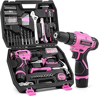 147 Piece Pink Power Drill Drivers Tool Set with 12V Cordless Drill, Professional Household Home Tools Kit Set, DIY Pink Electric Drill Cordless Hand Tool Box for Women