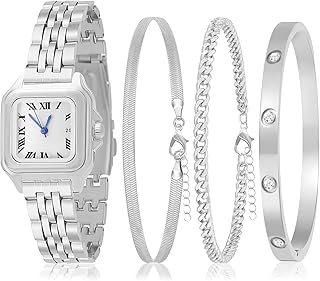 4 Pieces Women Gold Watch Bracelets Set Fashion Costume Jewelry Gold Plated Square Wristwatch Diamond Bangle Bracelet Watch Jewelry Set for Women