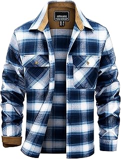 Men's Flannel Shirts Lightweight Cotton Button Down Long Sleeve Shirt Casual Plaid Pocket Shirts Outdoor Work