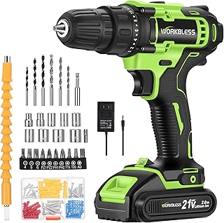 WORKBLESS 21V Power Drill Set, Cordless Drill with Battery and Charger, 3/8'' Keyless Chuck, Variable Speed, 18+1 Torque Setting and 28pcs Bits Tool Set(Green, 1 Battery)