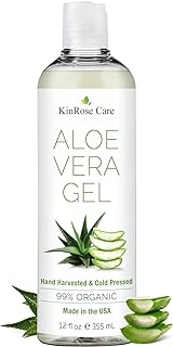 KinRose Care, 12oz Organic Aloe Vera Gel for Face, Skin, Hair & Sunburn Relief - From 100 Percent Pure Aloe Vera - Cold Pressed, Vegan, Unscented - Made in USA.
