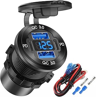 Upgraded 4 Port 12V USB Outlet Aluminum Charger, 78W Dual PD & QC Multiple USB Port for Car, USB C Cigarette Lighter Replacement 12 Volt Socket with Voltmeter Waterproof for Marine Boat Motorcycle RV