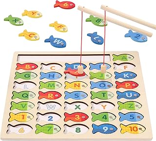 Diaodey Wooden Magnetic Fishing Game for Toddlers, Montessori Fine Motor Skills Toy with Letters and Numbers, Preschool Learning ABC and Puzzle Educational Toys Gift for 3 4 5+ Year Old Kids(2 Poles)