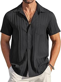 Men's Casual Button Down Shirts Short Sleeve Textured Summer Beach Shirt with Pocket