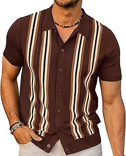 Mens Polo Shirts Vintage Striped Button Down Knitted Golf Shirts