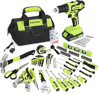 FASTPRO 232-Piece Home Tool Set with Drill, 20V Cordless Drill Driver, Household Repairing Tool Kit with Drill, 12-Inch Wide Mouth Storage Tool Bag Included, Green