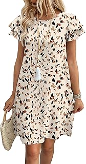 Womens Summer Dresses 2026 Ruffle Sleeve Round Neck Loose Swing Sundresses with Pockets Plain/Print