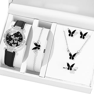 KANGQL Women Watch, 6pcs/Set Luxury Watch Women Rings Necklace Earrings Bracelet Set Butterfly Leather Strap Watches Lady Wristwatch
