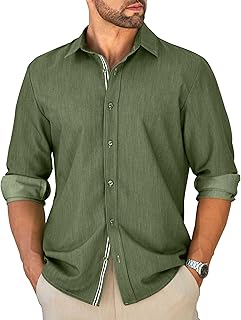 Mens Untucked Dress Shirt Stretch Wrinkle Free Button Down Shirt Long Sleeve Business Casual Lightweight Denim Texture