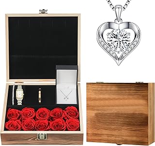 Gifts for Women Jewelry Set, 925 Silver Moissanite Necklace, Gold Watch Stainless Steel Bangle with Eternal Roses Wooden Box Gift Ideal for Mother's Day Birthday Anniversary Christmas Valentine's Day 