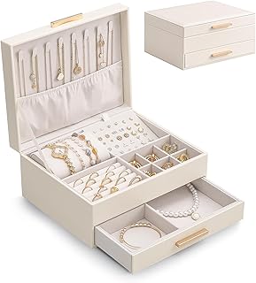 Lolalet 2-Layer Jewelry Box Organizer for Women Girls, Jewelry Storage Case Holder with Drawers for Necklaces Ring Earrings Bracelet Watch, Gifts for Galentines Valentines Girlfriend Wife -Beige