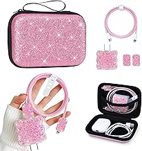 Cute Phone Charger Storage Case Set, Glitter Bling Electronic Organizer with Cable Protector, Soft Data Cable Saver, Charger Case (Pink)