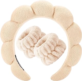 Zkptops Spa Headband for Women Sponge Makeup Skincare Headband Washing Face Wristband Set Terry Cloth Bubble Soft Get Ready Hairband Puffy Padded Headwear Non Slip Thick Hair Accessory(Beige)