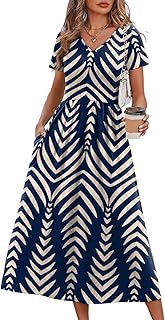 Summer Dresses for Women Flowy Casual A-Line Midi Dress Beach Vacation Sundresses with Pockets S-2XL