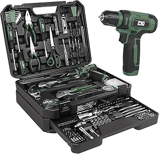 Prostormer Tool Set with 8V Cordless Drill, 369-Piece Home Tool Kit with Drill Driver, Toolbox Storage Case with Drawer, General Household Tools for Home Repairs and DIY, Handyman (Green)