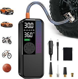 Tire Inflator Portable Air Compressor, 150 PSI Cordless Air Pump, Dual Power 6000mAh, 12V DC Car Plug, Fast Inflation 24L/Min, Auto Shut-Off, LED Light, 4 Preset Modes for Car, Bike, Motorcycle, Balls