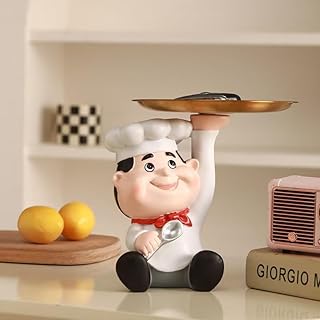 Decorative Chef Statue with Gold Serving Tray, Kitchen Counter Decor, Home Dining Room Display
