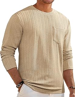 Men's Long Sleeve Shirts Casual Crewneck Pullover T-Shirt Stretch Textured Knit Tee with Pocket