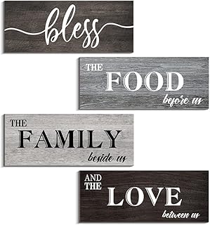 Creoate 4 Pieces Bless Food Family Love Signs for Kitchen Wall Decor Plaque, Home Farmhouse Rustic Decor, Wood Wall Hanging Decorations for Dining Room Kitchen, Christmas Gift for Home, Small (4 x 10 