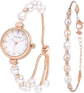 Pearl Bracelet Watch Set: Ladies Rose Gold Quartz Adjustable Stainless Steel Elegant Round Dial Bangle Watch Jewellery for Valentine's Day