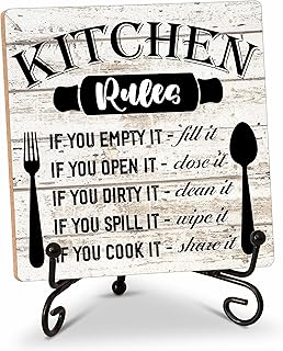 Rustic Wood Plaque with Stand - Kitchen Decor - Kitchen Rules Wood Sign - Idea Wooden Decor for Home Living Room Dining Room Shelf Table Decoration (31)