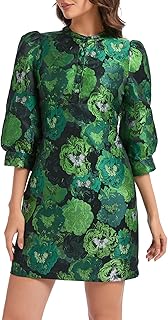 Women's Floral Jacquard Shift Dress 2026 Long Puff Sleeve Button Up Elegant Cocktail Party Mini Dress