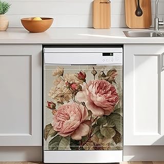 Vintage Pink Peony Magnetic Dishwasher Cover 23x26 in,Decorative Waterproof Dishwasher Door Cover,Refrigerator Panel Sticker for Kitchen Decor