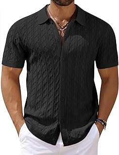 Men's Knit Short Sleeve Shirts Button Down Vintage Knitted Polo Shirt Casual Beach Crochet Cable Vacation Shirt