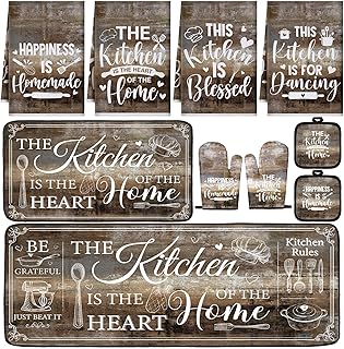Fourluoo 10 Pcs Farmhouse Kitchen Decor and Accessories Set 4 Kitchen Towels 2 Pot Holders 2 Oven Mitts 2 Rugs for Cooking Baking Mom Housewarming Gifts(Brown Gray,Classic Style)