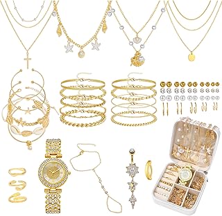 69 Pieces Gold Jewelry Set for Women Jewelry Box with Gold Plated Necklace Bracelet Watch Ring Belly Button Rings Earrings Set for Women Travel Jewels Case