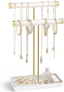 Lolalet 2-Tier Necklace Holder Display, Velvet Wrapped Bracelet Stand with Removable Ring Tray, Tall Jewelry Organizer for Bangles Watches Earrings, Galentines Valentines Gifts for Girls Women -White
