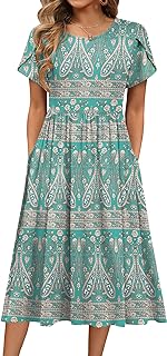 Women's Summer A-Line Midi Dresses 2026 Casual Floral Short Sleeve T-Shirt Dress Flowy Beach Sundress with Pockets