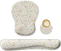 Wrist Rest Support for Mouse Pad Keyboard Set Circle Coaster Gaming Mouse Pad Ergonomic Gel Memory Foam Set for Computer, Laptop, Office, Pain Relief, Comfortably Typing Flowers KM-39