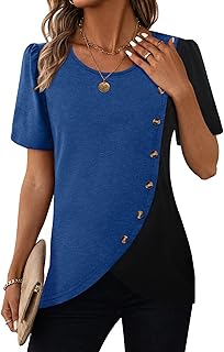 Womens Color Block Tops Short Sleeve Button Asymmetrical Casual Crewneck Pullover Shirts
