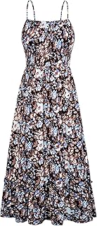 Summer Dresses for Women 2026 Vacation,Smocked Floral Maxi Dress,Boho Beach Sundress with Pocket Fashion Clothing
