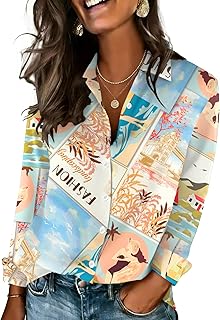 Womens Button Down Shirts Lantern Long Sleeve Blouse Business Casual Work Tops Floral Printed Outfits