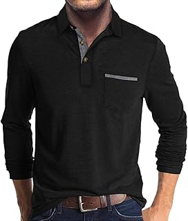 Mens Fashion Polo Shirts Cotton Classic Long Sleeve Thermal Button Shirt with Pocket