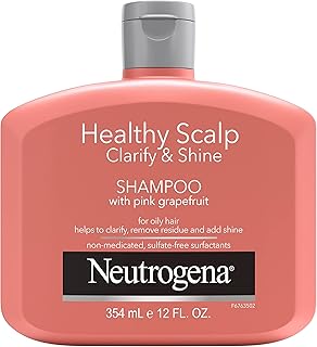Neutrogena Exfoliating Healthy Scalp Clarifying Shampoo for Oily Hair & Scalp, Pink Grapefruit pH-Balanced Anti-Residue Formula Adds Shine, Sulfate, Paraben & Phthalate-Free, Color-Safe, 12 Fl Oz