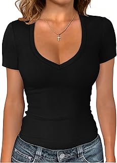 Short Sleeve Shirts for Women V Neck Summer Ribbed Tshirts 2026 Slim Fit Spring Fashion Going Out Basic Tees